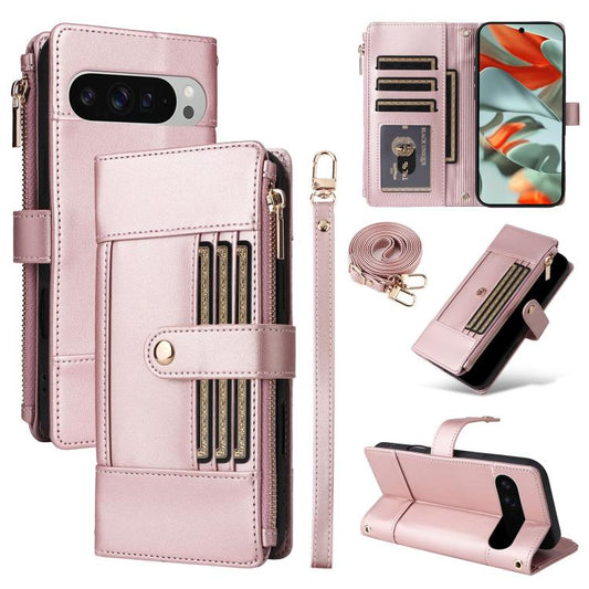 For Google Pixel 10 Pro XL Crossbody Strap RFID Blocking Zipper Wallet Leather Phone Case(Rose Gold) - Google Cases by buy2fix | Online Shopping UK | buy2fix