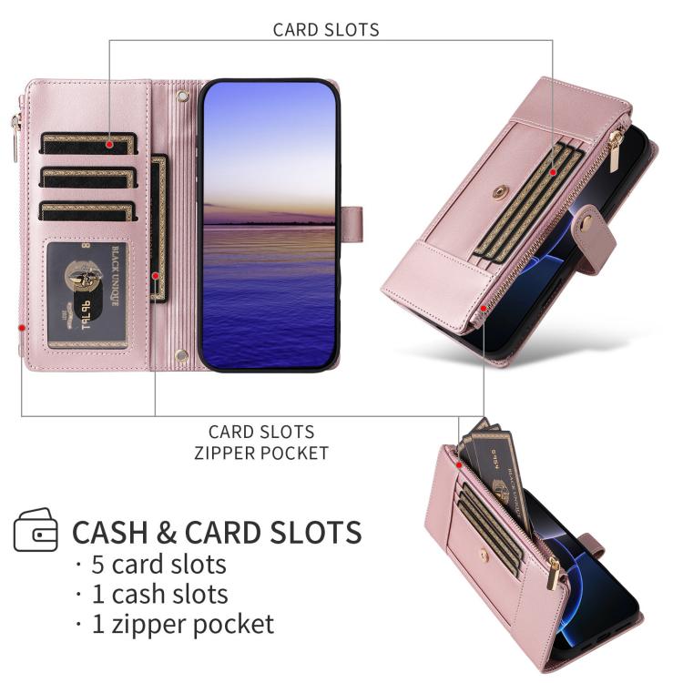 For Google Pixel 10 Pro XL Crossbody Strap RFID Blocking Zipper Wallet Leather Phone Case(Rose Gold) - Google Cases by buy2fix | Online Shopping UK | buy2fix