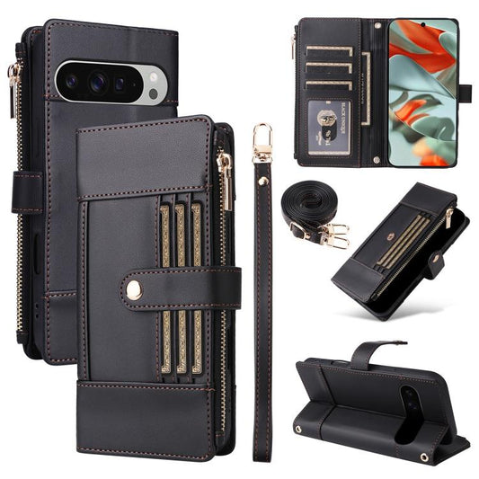 For Google Pixel 10 Pro XL Crossbody Strap RFID Blocking Zipper Wallet Leather Phone Case(Black) - Google Cases by buy2fix | Online Shopping UK | buy2fix