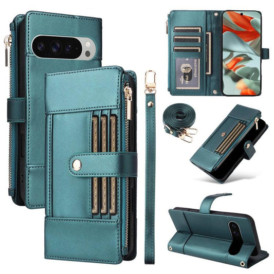 For Google Pixel 10 Pro XL Crossbody Strap RFID Blocking Zipper Wallet Leather Phone Case(Green) - Google Cases by buy2fix | Online Shopping UK | buy2fix