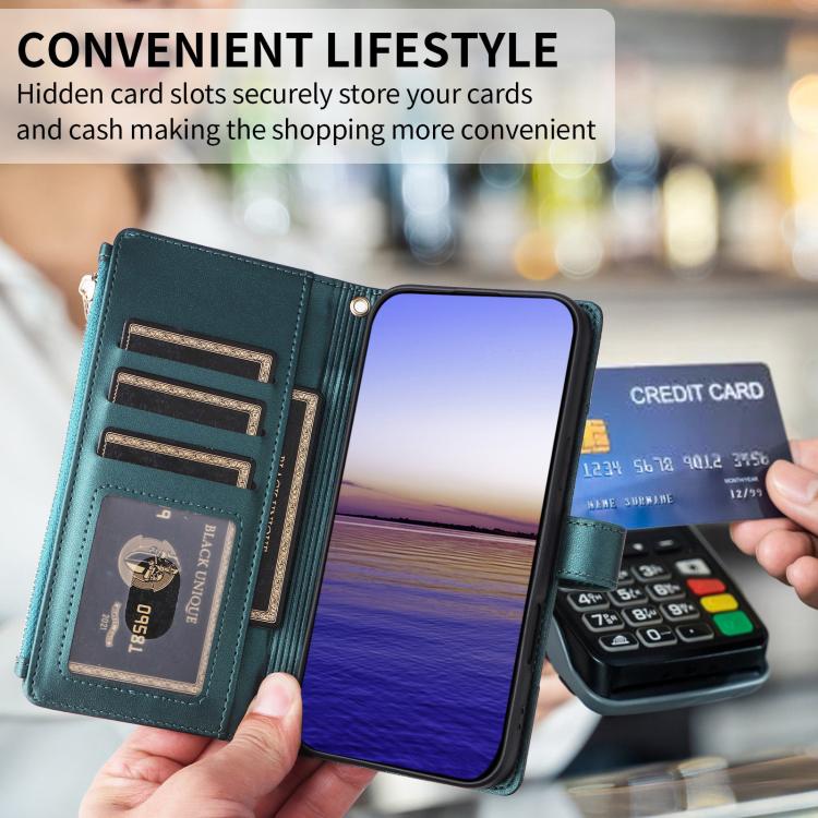 For Google Pixel 10 Pro XL Crossbody Strap RFID Blocking Zipper Wallet Leather Phone Case(Green) - Google Cases by buy2fix | Online Shopping UK | buy2fix