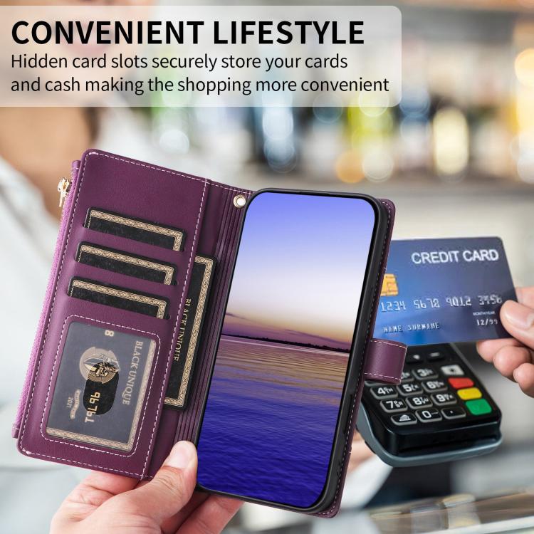 For Google Pixel 10 Pro XL Crossbody Strap RFID Blocking Zipper Wallet Leather Phone Case(Purple) - Google Cases by buy2fix | Online Shopping UK | buy2fix
