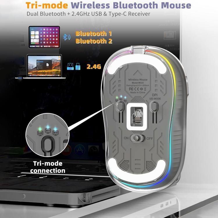 HXSJ M333 Three Modes Transparent Wireless Mouse(Space Grey) - Wireless Mice by HXSJ | Online Shopping UK | buy2fix