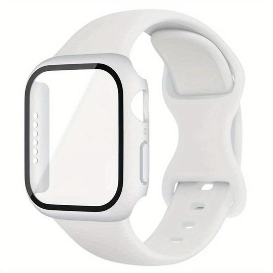 For Apple Watch Series 45mm Butterfly Buckle Silicone Watch Band with Film Integrated PC Cover(White)