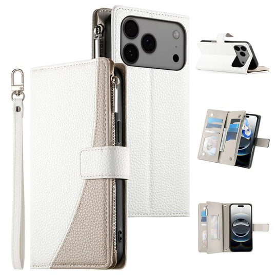 For iPhone 18 Pro Max / 17 Pro Max Stitching Multi-card Zipper Wallet Leather Phone Case with Short Strap(White)