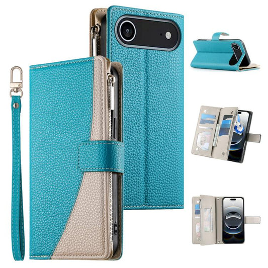 For iPhone Air Stitching Multi-card Zipper Wallet Leather Phone Case with Short Strap(Blue) - iPhone Air Cases by buy2fix | Online Shopping UK | buy2fix
