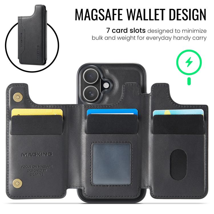 For iPhone 16 DG.MING MAGKING-K3 Series MagSafe RFID Card Bag Detachable Phone Case(Black) - iPhone 16 Cases by DG.MING | Online Shopping UK | buy2fix