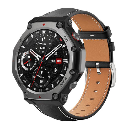 For Amazfit T-Rex 3 22mm xDfind Flat Head Black Shark Fine Grain Leather Watch Band(Black)