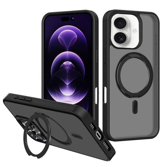 For iPhone 16 Plus Kalebol Rotating Holder MagSafe PC Hybrid TPU Phone Case(Black)