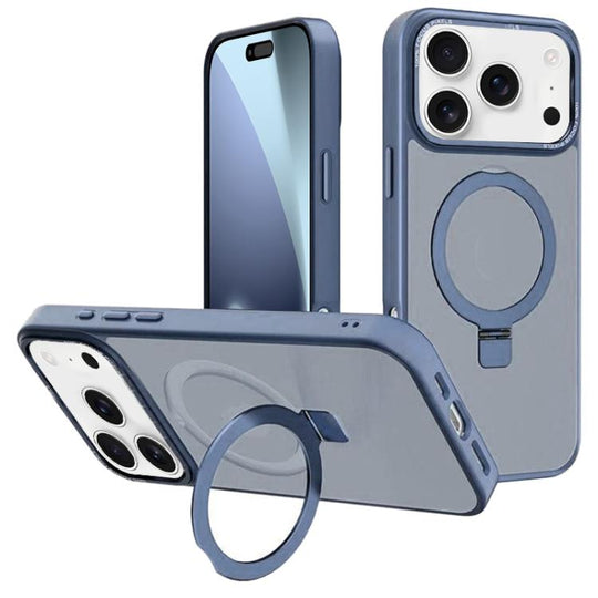 For iPhone 18 Pro Max / 17 Pro Max Kalebol Metal Lens Frame MagSafe Holder Frosted PC Phone Case(Sierra Blue)