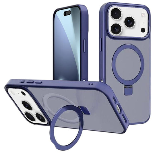 For iPhone 18 Pro / 17 Pro Kalebol Metal Lens Frame MagSafe Holder Frosted PC Phone Case(Navy Blue)
