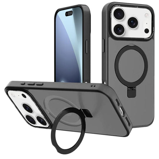 For iPhone 18 Pro / 17 Pro Kalebol Metal Lens Frame MagSafe Holder Frosted PC Phone Case(Black)