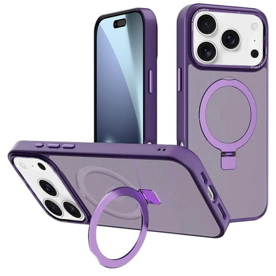 For iPhone 18 Pro / 17 Pro Kalebol Metal Lens Frame MagSafe Holder Frosted PC Phone Case(Dark Purple)