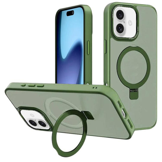 For iPhone 17 Kalebol Metal Lens Frame MagSafe Holder Frosted PC Phone Case(Dark Green)