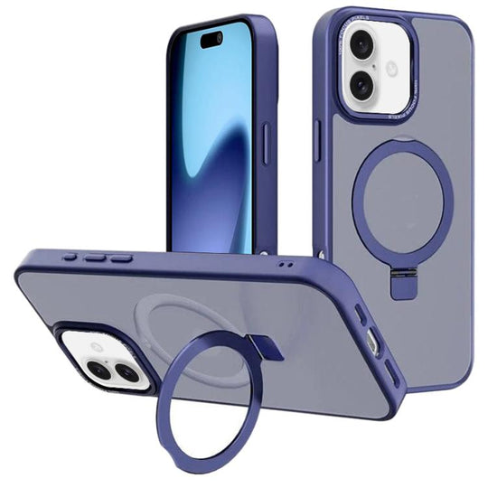 For iPhone 17 Kalebol Metal Lens Frame MagSafe Holder Frosted PC Phone Case(Navy Blue)