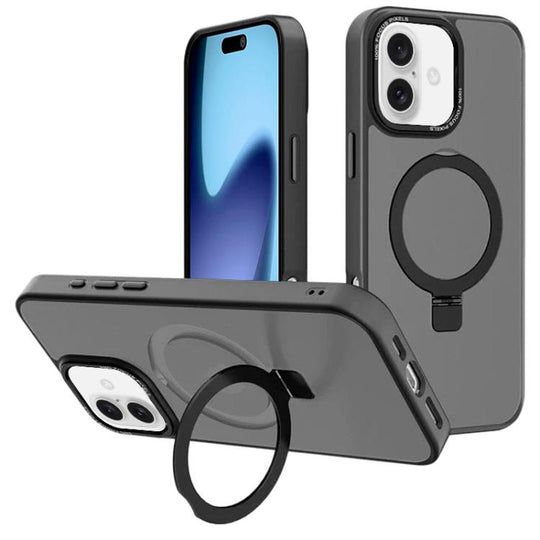For iPhone 17 Kalebol Metal Lens Frame MagSafe Holder Frosted PC Phone Case(Black)