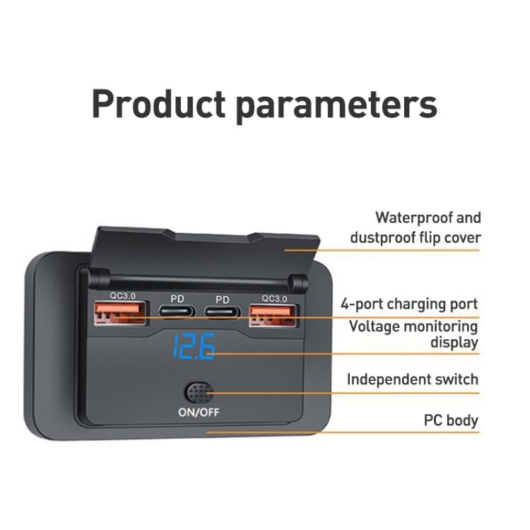 Car Modified 4-port Charger, with Voltmeter & Switch(Black) - Car Modification by buy2fix | Online Shopping UK | buy2fix