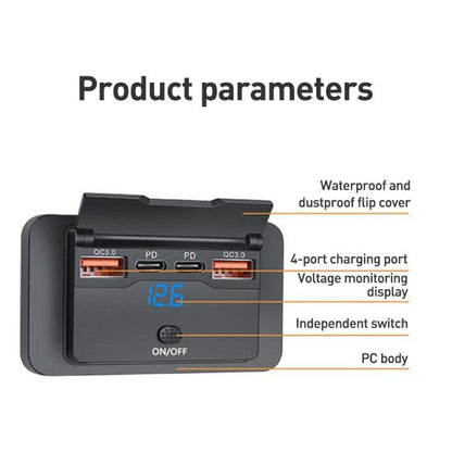 Car Modified 4-port Charger, with Voltmeter & Switch(Black) - Car Modification by buy2fix | Online Shopping UK | buy2fix