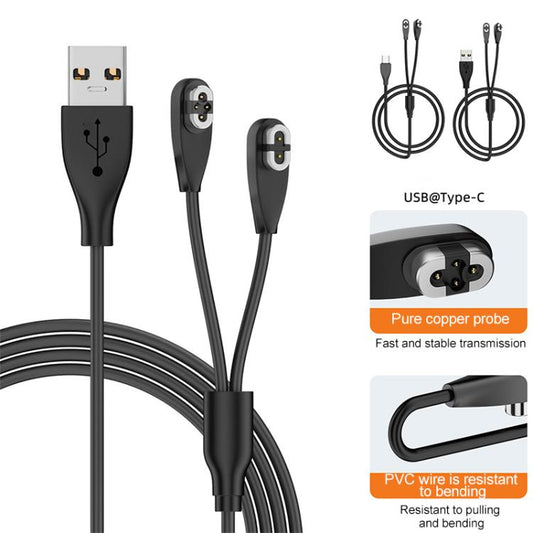 USB to 2 Pin / 4 Pin 2 in 1 Magnetic Charging Cable For Shokz Bone Conduction Earphone(Black) - Other Accessories by buy2fix | Online Shopping UK | buy2fix