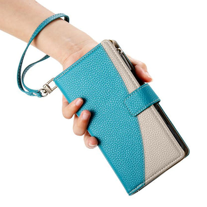 For Google Pixel 9 / 9 Pro / 10 / 10 Pro Stitching Multi-card Zipper Wallet Leather Phone Case with Short Strap(Blue) - Google Cases by buy2fix | Online Shopping UK | buy2fix