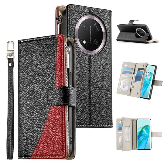 For Honor X9c / Magic7 Lite Stitching Multi-card Zipper Wallet Leather Phone Case with Short Strap(Black)