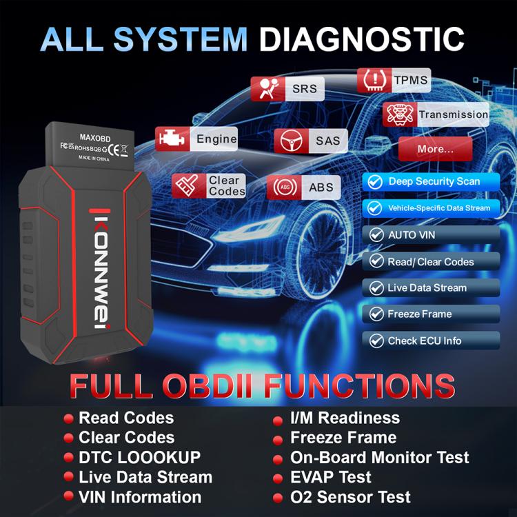 KONNWEI MAXOBD Full Car System Scanner OBD2 Diagnostic Tool Code Read(Black) - Code Readers & Scan Tools by KONNWEI | Online Shopping UK | buy2fix