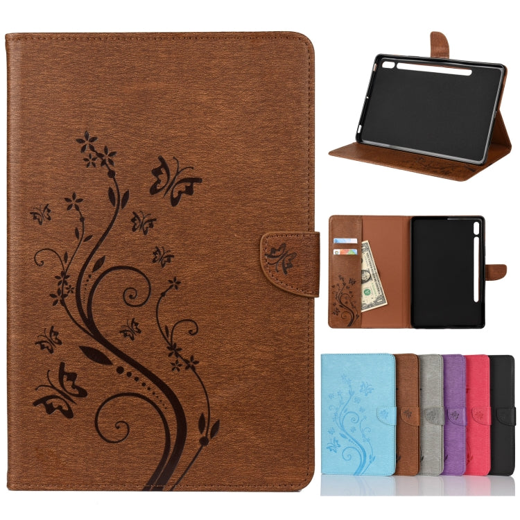 For Samsung Galaxy Tab S8 / Galaxy Tab S7 T870 / T875 Butterfly Flower Embossing Pattern Horizontal Flip Leather Case with Holder & Card Slots & Wallet(Brown) by buy2fix