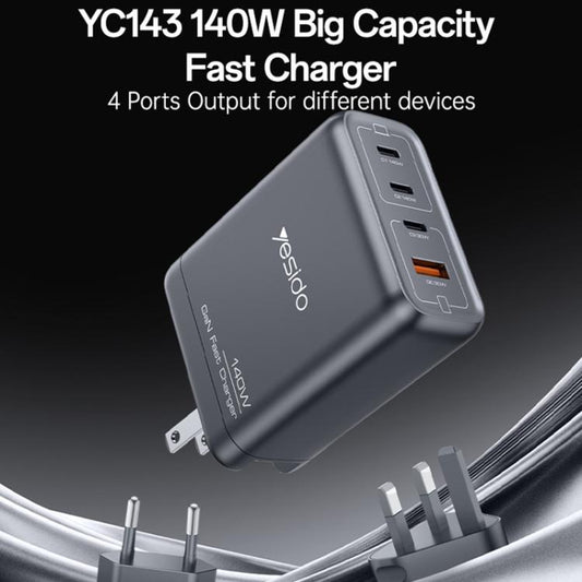 Yesido YC143 140W 4 Ports GaN Fast Charging Charger, 3 x USB-C / Type-C, 1 x USB-A(US Plug) - USB Charger by Yesido | Online Shopping UK | buy2fix