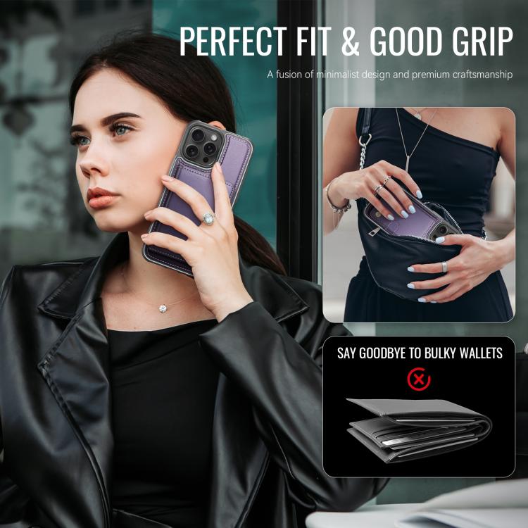 For iPhone 16 Pro Max JEEHOOD J09 Buckle Card Bag MagSafe Magnetic Style RFID Leather Phone Case(Purple) - iPhone 16 Pro Max Cases by JEEHOOD | Online Shopping UK | buy2fix