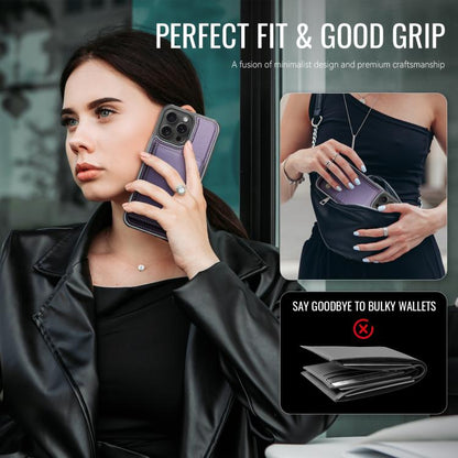 For iPhone 16 Pro Max JEEHOOD J09 Buckle Card Bag MagSafe Magnetic Style RFID Leather Phone Case(Purple) - iPhone 16 Pro Max Cases by JEEHOOD | Online Shopping UK | buy2fix