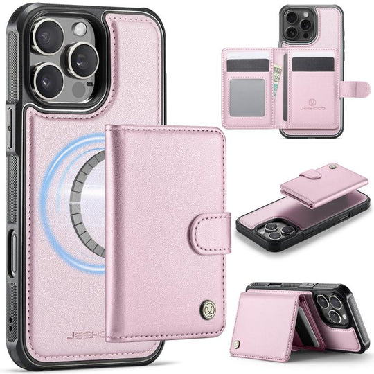 For iPhone 16 Pro JEEHOOD J09 Buckle Card Bag MagSafe Magnetic Style RFID Leather Phone Case(Pink)