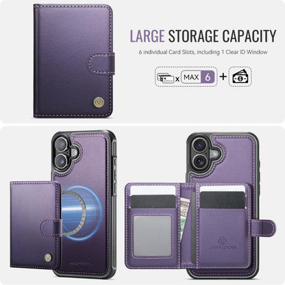 For iPhone 16 Plus JEEHOOD J09 Buckle Card Bag MagSafe Magnetic Style RFID Leather Phone Case(Purple) - iPhone 16 Plus Cases by JEEHOOD | Online Shopping UK | buy2fix