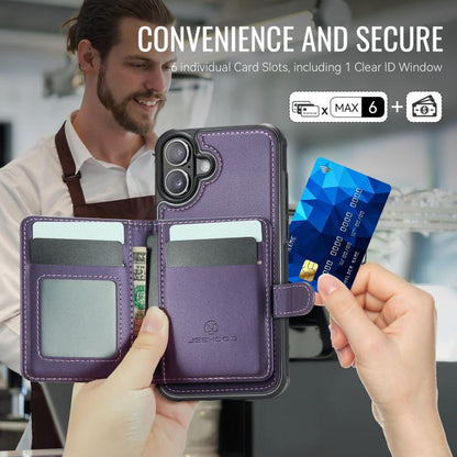 For iPhone 16 Plus JEEHOOD J09 Buckle Card Bag MagSafe Magnetic Style RFID Leather Phone Case(Purple) - iPhone 16 Plus Cases by JEEHOOD | Online Shopping UK | buy2fix