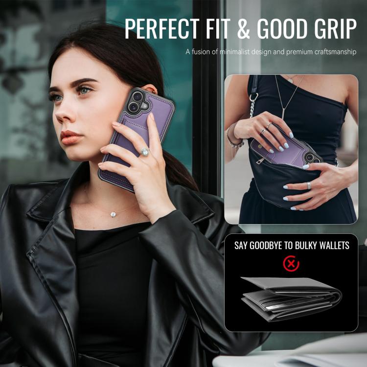 For iPhone 16 Plus JEEHOOD J09 Buckle Card Bag MagSafe Magnetic Style RFID Leather Phone Case(Purple) - iPhone 16 Plus Cases by JEEHOOD | Online Shopping UK | buy2fix