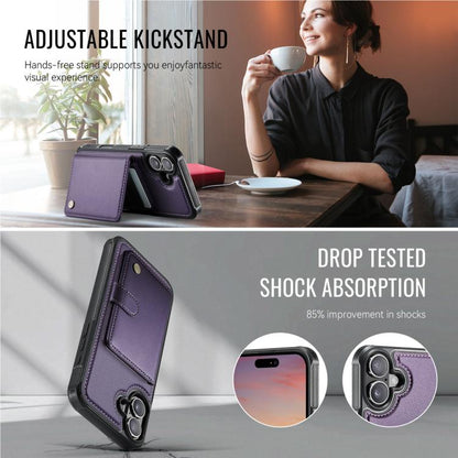 For iPhone 16 Plus JEEHOOD J09 Buckle Card Bag MagSafe Magnetic Style RFID Leather Phone Case(Purple) - iPhone 16 Plus Cases by JEEHOOD | Online Shopping UK | buy2fix