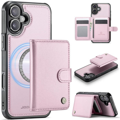 For iPhone 16 Plus JEEHOOD J09 Buckle Card Bag MagSafe Magnetic Style RFID Leather Phone Case(Pink) - iPhone 16 Plus Cases by JEEHOOD | Online Shopping UK | buy2fix