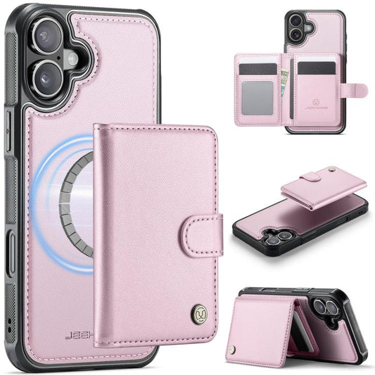 For iPhone 16 Plus JEEHOOD J09 Buckle Card Bag MagSafe Magnetic Style RFID Leather Phone Case(Pink) - iPhone 16 Plus Cases by JEEHOOD | Online Shopping UK | buy2fix