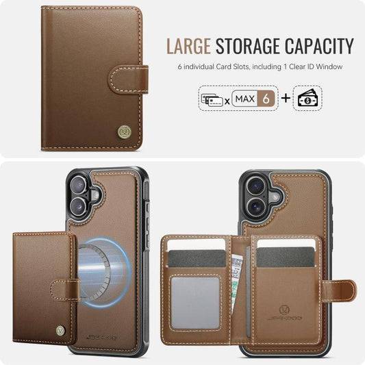 For iPhone 16 Plus JEEHOOD J09 Buckle Card Bag MagSafe Magnetic Style RFID Leather Phone Case(Brown) - iPhone 16 Plus Cases by JEEHOOD | Online Shopping UK | buy2fix