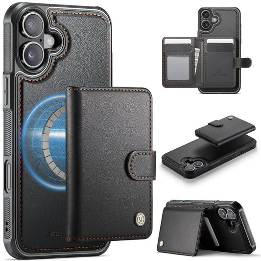 For iPhone 16 Plus JEEHOOD J09 Buckle Card Bag MagSafe Magnetic Style RFID Leather Phone Case(Black) - iPhone 16 Plus Cases by JEEHOOD | Online Shopping UK | buy2fix
