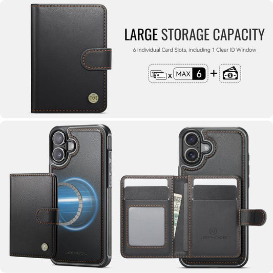 For iPhone 16 Plus JEEHOOD J09 Buckle Card Bag MagSafe Magnetic Style RFID Leather Phone Case(Black) - iPhone 16 Plus Cases by JEEHOOD | Online Shopping UK | buy2fix