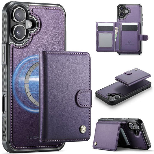 For iPhone 16 JEEHOOD J09 Buckle Card Bag MagSafe Magnetic Style RFID Leather Phone Case(Purple) - iPhone 16 Cases by JEEHOOD | Online Shopping UK | buy2fix