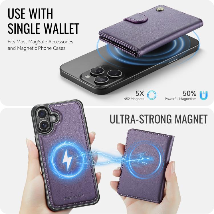 For iPhone 16 JEEHOOD J09 Buckle Card Bag MagSafe Magnetic Style RFID Leather Phone Case(Purple) - iPhone 16 Cases by JEEHOOD | Online Shopping UK | buy2fix