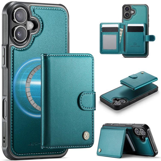 For iPhone 16 JEEHOOD J09 Buckle Card Bag MagSafe Magnetic Style RFID Leather Phone Case(Green) - iPhone 16 Cases by JEEHOOD | Online Shopping UK | buy2fix