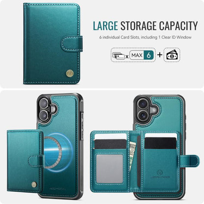 For iPhone 16 JEEHOOD J09 Buckle Card Bag MagSafe Magnetic Style RFID Leather Phone Case(Green) - iPhone 16 Cases by JEEHOOD | Online Shopping UK | buy2fix