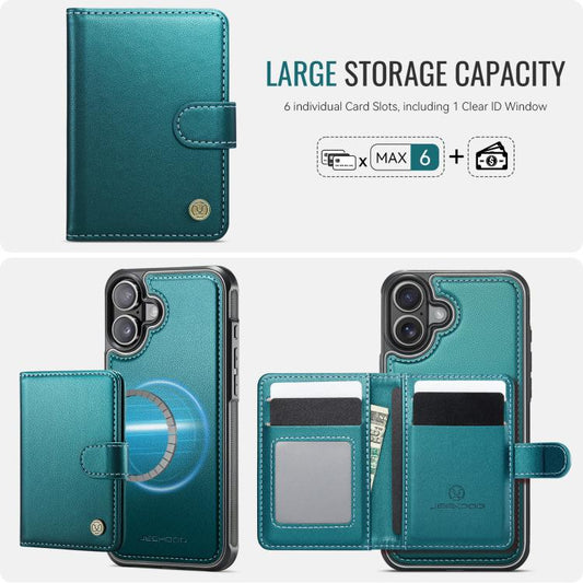 For iPhone 16 JEEHOOD J09 Buckle Card Bag MagSafe Magnetic Style RFID Leather Phone Case(Green) - iPhone 16 Cases by JEEHOOD | Online Shopping UK | buy2fix