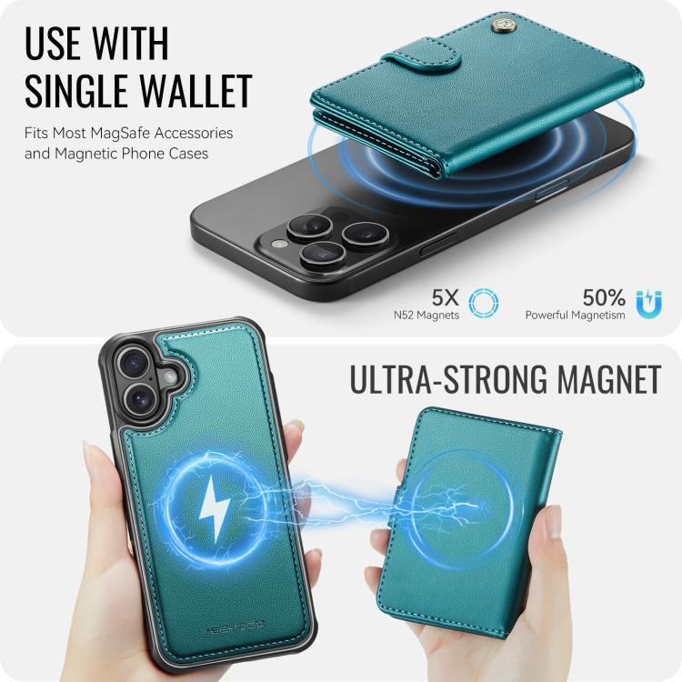 For iPhone 16 JEEHOOD J09 Buckle Card Bag MagSafe Magnetic Style RFID Leather Phone Case(Green) - iPhone 16 Cases by JEEHOOD | Online Shopping UK | buy2fix