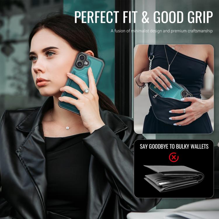 For iPhone 16 JEEHOOD J09 Buckle Card Bag MagSafe Magnetic Style RFID Leather Phone Case(Green) - iPhone 16 Cases by JEEHOOD | Online Shopping UK | buy2fix