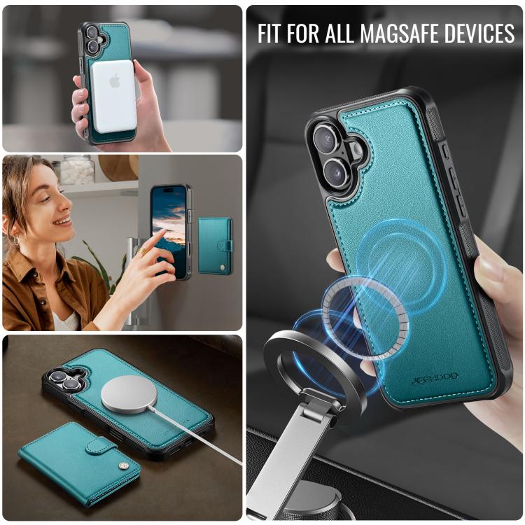For iPhone 16 JEEHOOD J09 Buckle Card Bag MagSafe Magnetic Style RFID Leather Phone Case(Green) - iPhone 16 Cases by JEEHOOD | Online Shopping UK | buy2fix