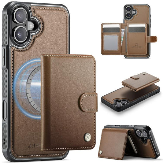 For iPhone 16 JEEHOOD J09 Buckle Card Bag MagSafe Magnetic Style RFID Leather Phone Case(Brown) - iPhone 16 Cases by JEEHOOD | Online Shopping UK | buy2fix