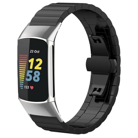For Fitbit Charge 6 / 5 18mm xDfind One-bead Bamboo Solid Stainless Steel Watch Band(Black)